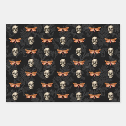 Schedel & Vlinder Kant Halloween Wrapping Papier Inpakpapier Vel (Voorkant)