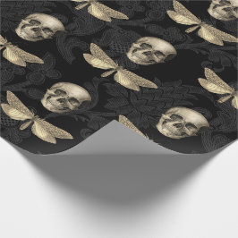 Schedel & Vlinder Zwart Kant Gotisch Inpakpapier