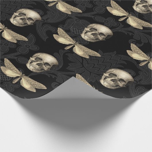 Schedel & vlinder zwart kant inpakpapier (Hoek)