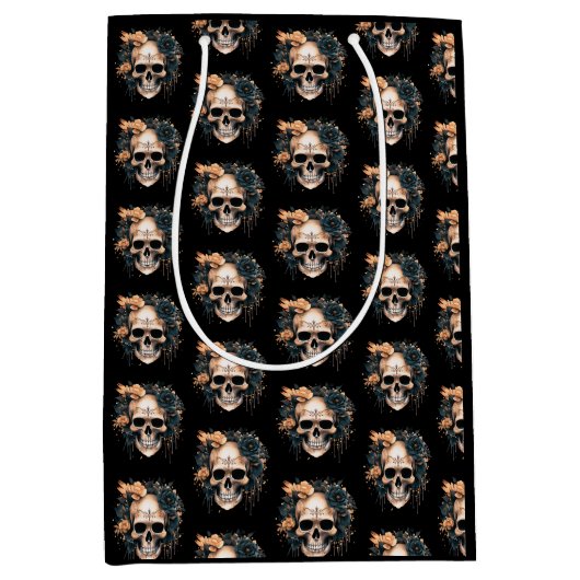Schedel Zwart en Goud Bloemen Patroon Halloween Medium Cadeauzakje (Voorkant)