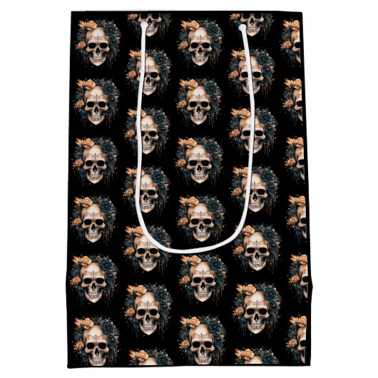 Schedel Zwart en Goud Bloemen Patroon Halloween Medium Cadeauzakje (Achterkant)