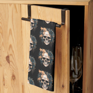 Schedel Zwart en Goud Bloemen Patroon Halloween Theedoek