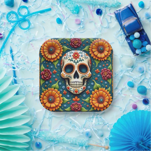 💀🌹Schedelbloei Burst Dia de los MuertosFiesta Papieren Bordje (Feest)
