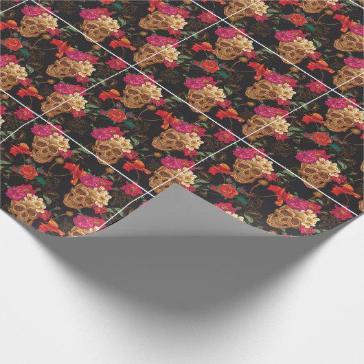 Schedelbloemen: naadloze donkere achtergrond. cadeaupapier (Hoek)