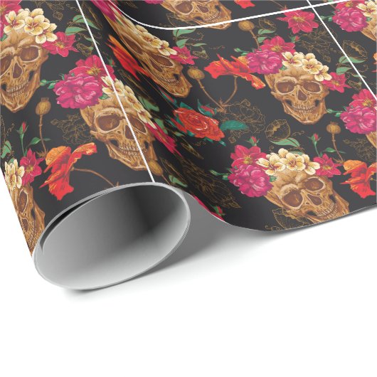 Schedelbloemen: naadloze donkere achtergrond. cadeaupapier (Rol Hoek)