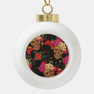 Schedelbloemen: naadloze donkere achtergrond. keramische bal ornament