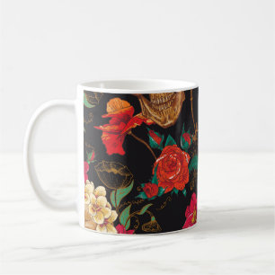 Schedelbloemen: naadloze donkere achtergrond. koffiemok