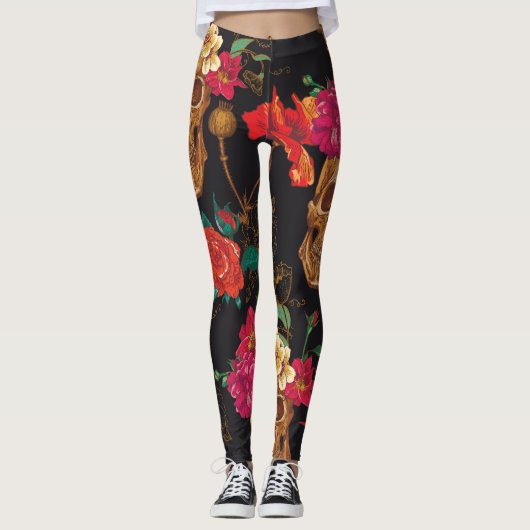 Schedelbloemen: naadloze donkere achtergrond. leggings (Voorkant)