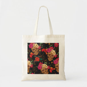 Schedelbloemen: naadloze donkere achtergrond. tote bag