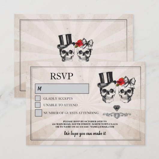 Schedelbruiloft RSVP Schedels Rozen Rustieke Kaart (Voorkant / Achterkant)