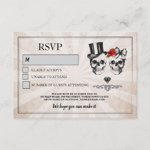 Schedelbruiloft RSVP Schedels Rozen Rustieke Kaart