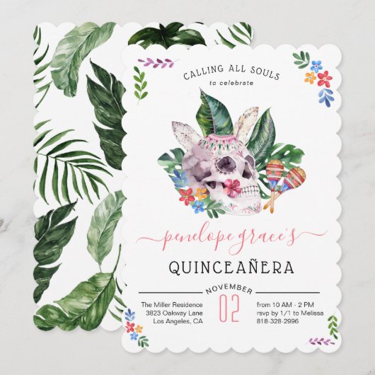 Schedeldood Dag van de Doden Quinceañera Kaart (Voorkant / Achterkant)