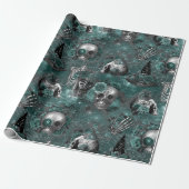 Schedelheks Floral | Dark Gothic Midnight Blauwgro Cadeaupapier (Uitgerold)