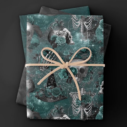 Schedelheks Floral | Dark Gothic Midnight Blauwgro Inpakpapier Vel