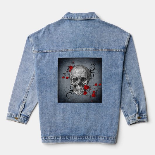 Schedelillustratie met rode rozenwijnstokken verwe denim jacket (Achterkant)