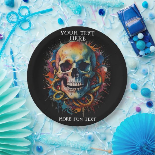 Schedelkop met meerkleurige verfspatten papieren bordje (Feest)
