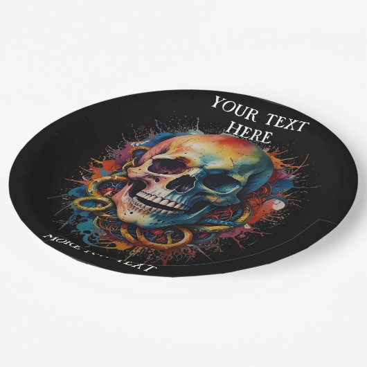 Schedelkop met meerkleurige verfspatten papieren bordje (Gekanteld)