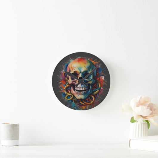 Schedelkop met meerkleurige verfspatten ronde klok (Huis)