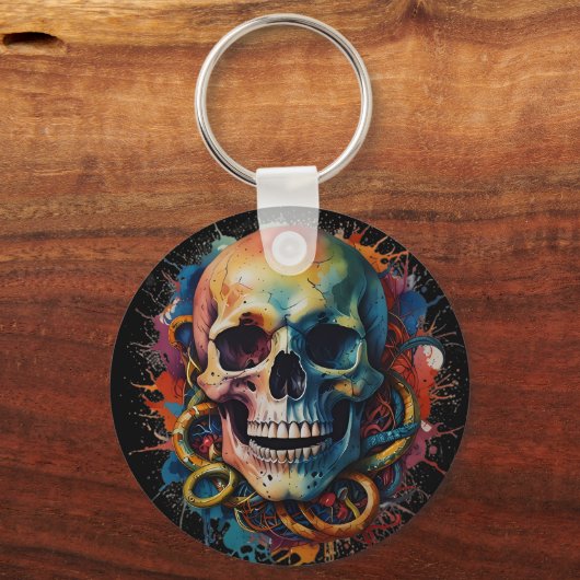 Schedelkop met meerkleurige verfspatten sleutelhanger (Achterkant)