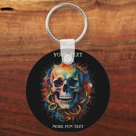Schedelkop met meerkleurige verfspatten sleutelhanger (Voorkant)