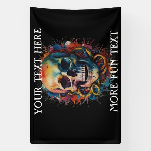 Schedelkop met meerkleurige verfspatten spandoek (Verticaal)