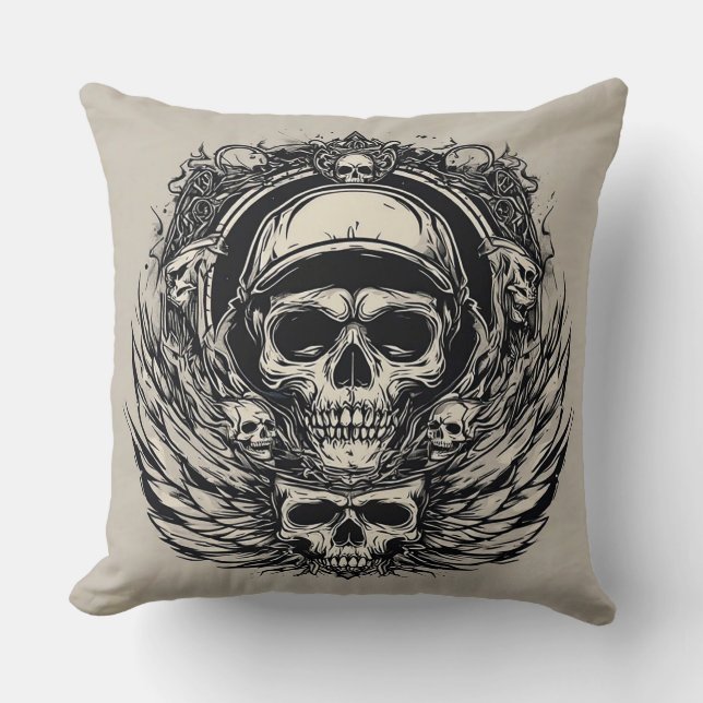 Schedelontwerp met vleugels en symbolen kussen (Voorkant)