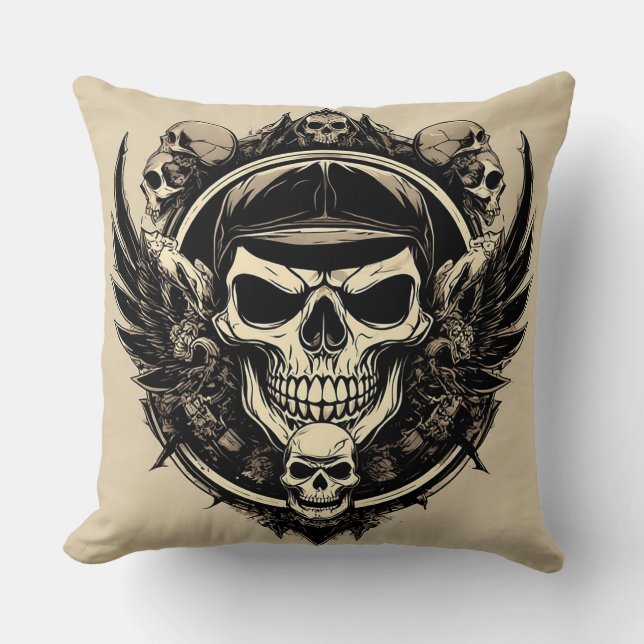 Schedelontwerp met vleugels en symbolen kussen (Voorkant)