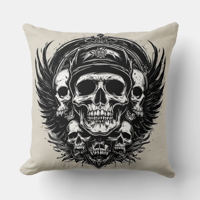 Schedelontwerp met vleugels en symbolen kussen (Voorkant)