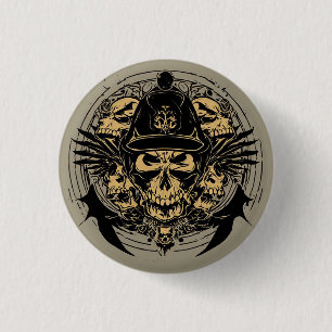 Schedelontwerp met vleugels en symbolen ronde button 3,2 cm