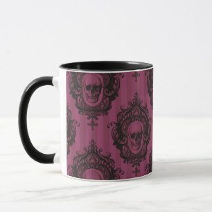 Schedelpatroon op roze verticale strepen Halloween Mok