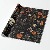 Schedels Bloemen en groen Zwart Halloween Cadeaupapier (Uitgerold)