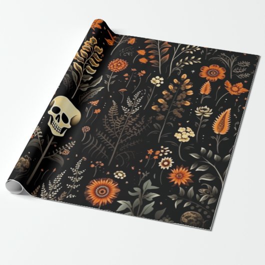 Schedels Bloemen en groen Zwart Halloween Cadeaupapier (Uitgerold)
