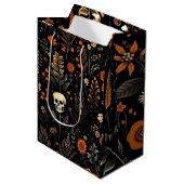 Schedels Bloemen en groen Zwart Halloween Medium Cadeauzakje (Voorkant Gekanteld)