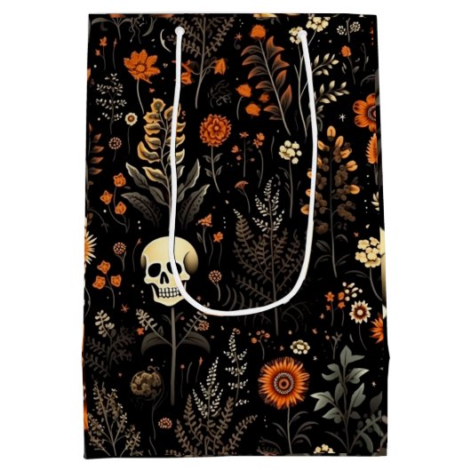Schedels Bloemen en groen Zwart Halloween Medium Cadeauzakje (Achterkant)