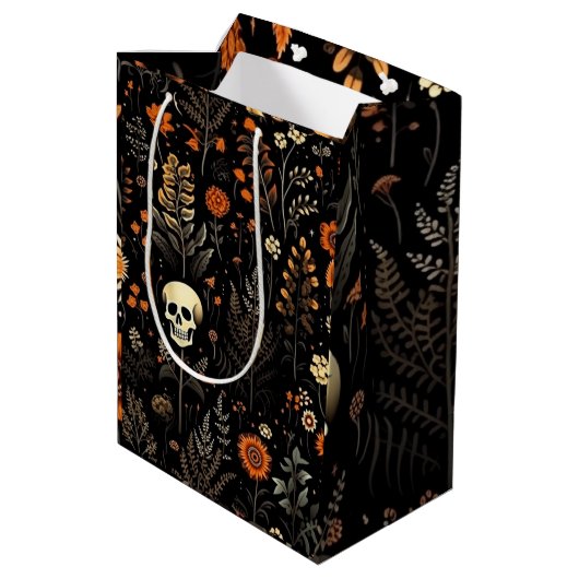 Schedels Bloemen en groen Zwart Halloween Medium Cadeauzakje (Achterkant Gekanteld)