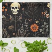 Schedels Bloemen en groen Zwart Halloween Theedoek (Gevouwen)
