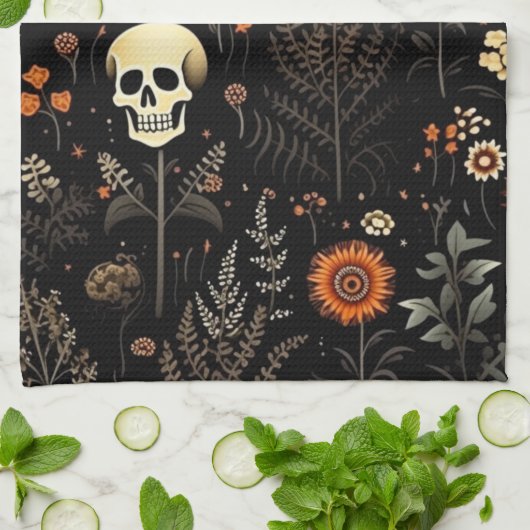 Schedels Bloemen en groen Zwart Halloween Theedoek (Gevouwen)