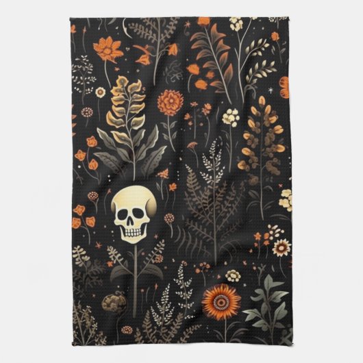Schedels Bloemen en groen Zwart Halloween Theedoek (Verticaal)