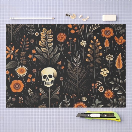 Schedels Bloemen en groen Zwart Halloween Tissuepapier (Craft)