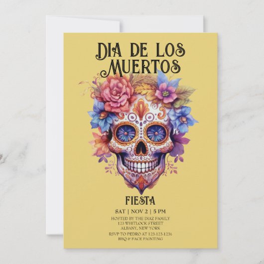 Schedels Bloemen Geel Dia de los Muertos Party Kaart (Voorkant)