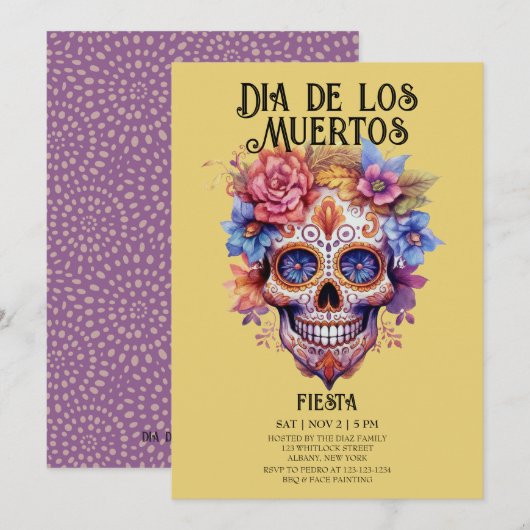 Schedels Bloemen Geel Dia de los Muertos Party Kaart (Voorkant / Achterkant)