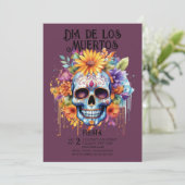 Schedels Bloemen Indigo Dia de los Muertos Party Kaart (Staand voorkant)