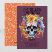 Schedels Bloemen Indigo Dia de los Muertos Party Kaart (Voorkant / Achterkant)