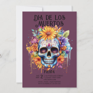 Schedels Bloemen Indigo Dia de los Muertos Party Kaart