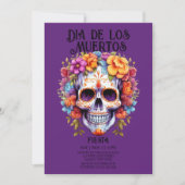 Schedels Bloemen Paarse Dia de los Muertos Party Kaart (Voorkant)