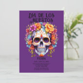 Schedels Bloemen Paarse Dia de los Muertos Party Kaart (Staand voorkant)