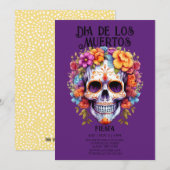 Schedels Bloemen Paarse Dia de los Muertos Party Kaart (Voorkant / Achterkant)
