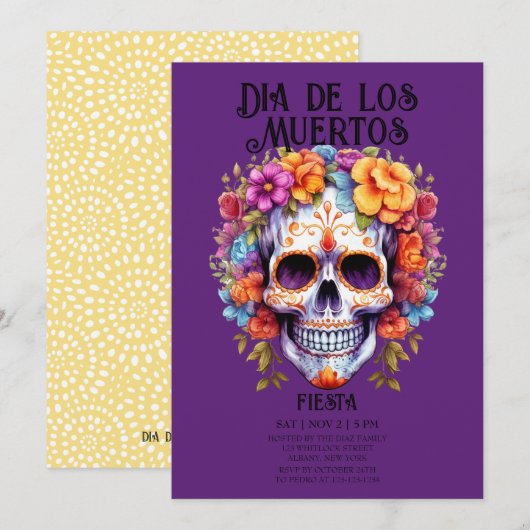 Schedels Bloemen Paarse Dia de los Muertos Party Kaart (Voorkant / Achterkant)