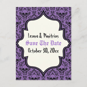 Schedels damask paarse zwarte Halloween Save the D Aankondigingskaart