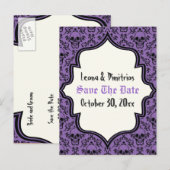 Schedels damask paarse zwarte Halloween Save the D Aankondigingskaart (Voorkant / Achterkant)